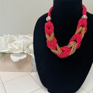 Vintage Chunky Braided Coral Seed Bead & Gold Mesh Chain Statement Necklace